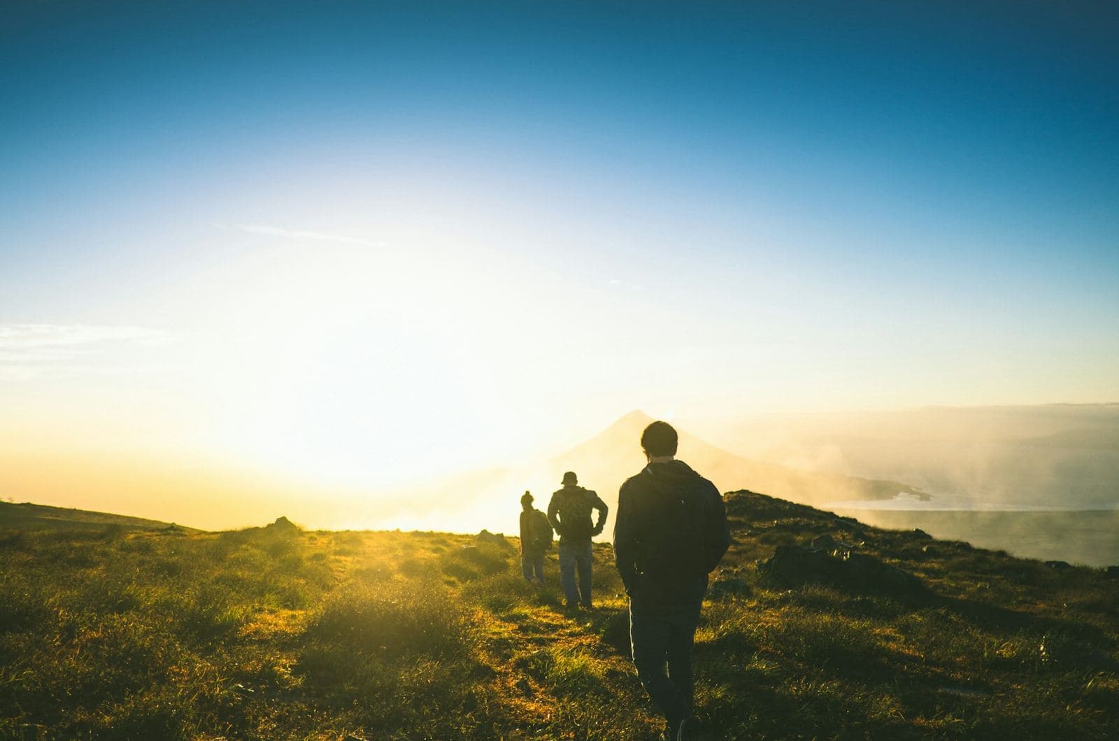 Three men seen from behind, walking together along a grassy ridge toward the rising sun