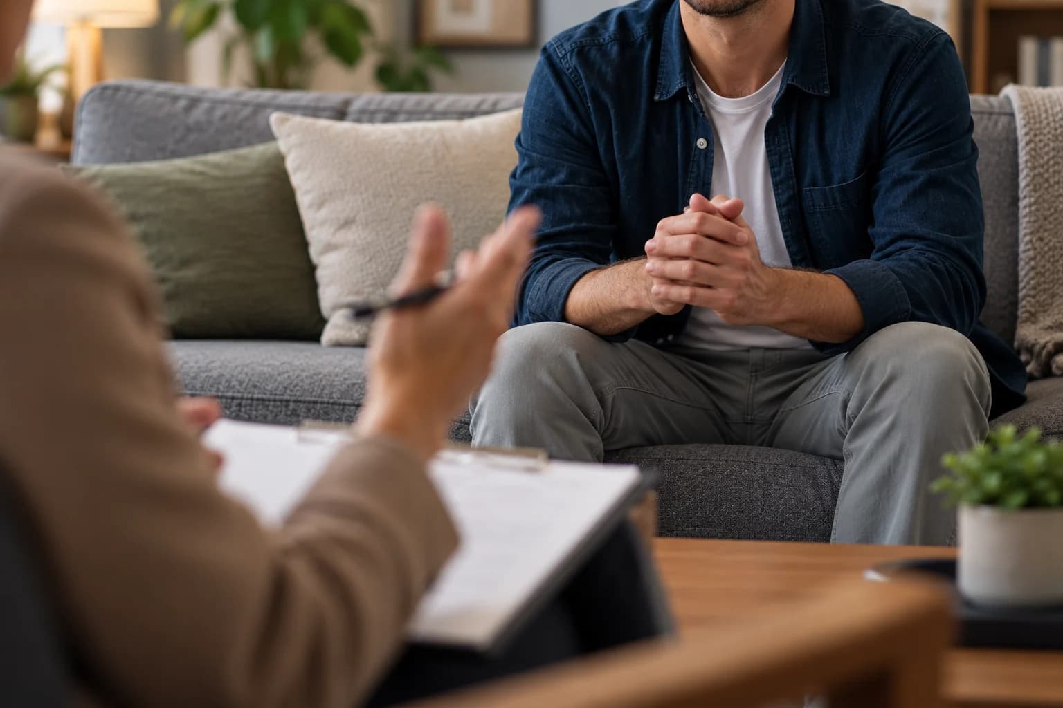 Man talking with a counselor in a calm counseling office